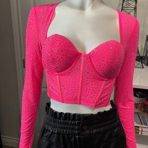 NWT Fashion Nova Hot Pink Rhinestone Crop Top Size L